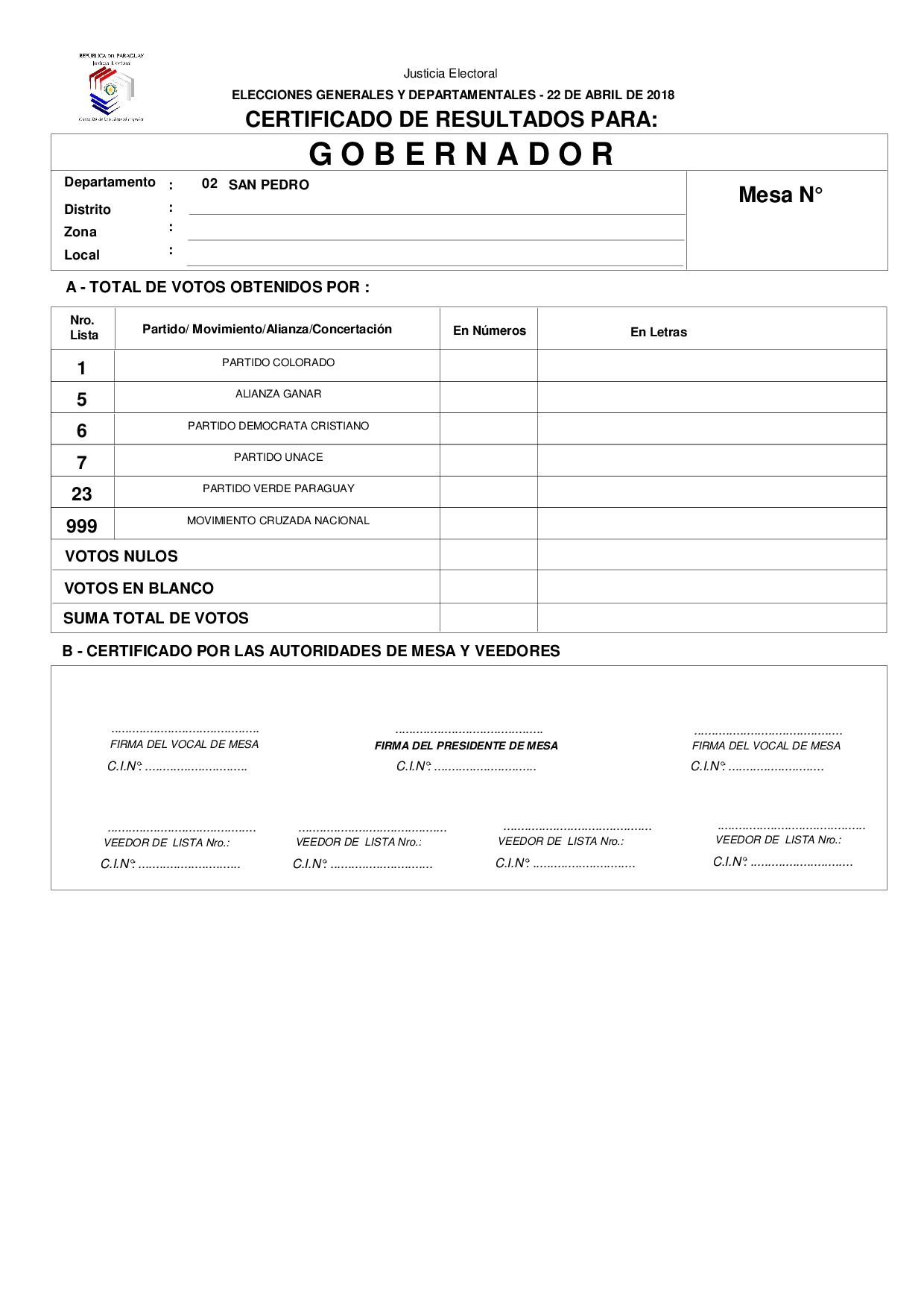 Certificado de Resultados Para GOBERNADOR de SAN PEDRO